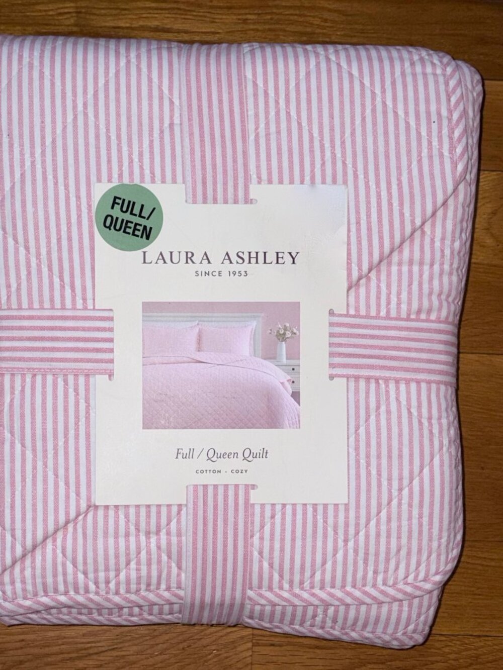 NEW Laura Ashley Full Queen PINK WHITE Oxford Stripe Cotton Quilt